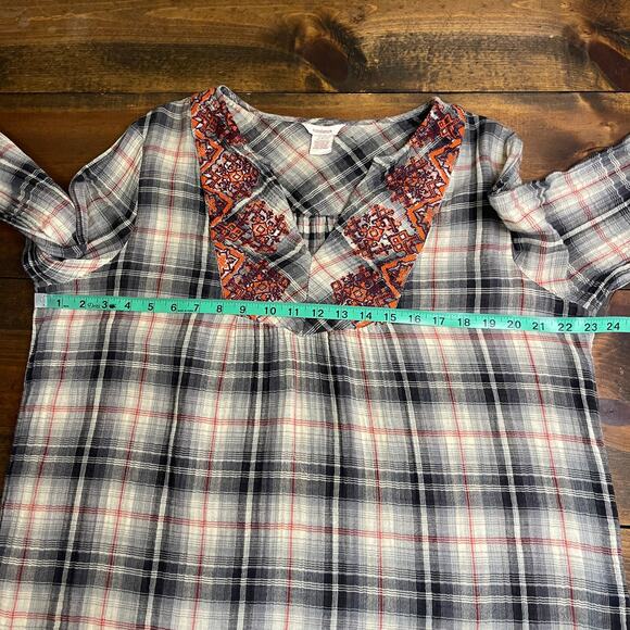 Sundance Black Orange Plaid Embroidered Long Sleeve Top V Neck Women's Large - Picture 10 of 10